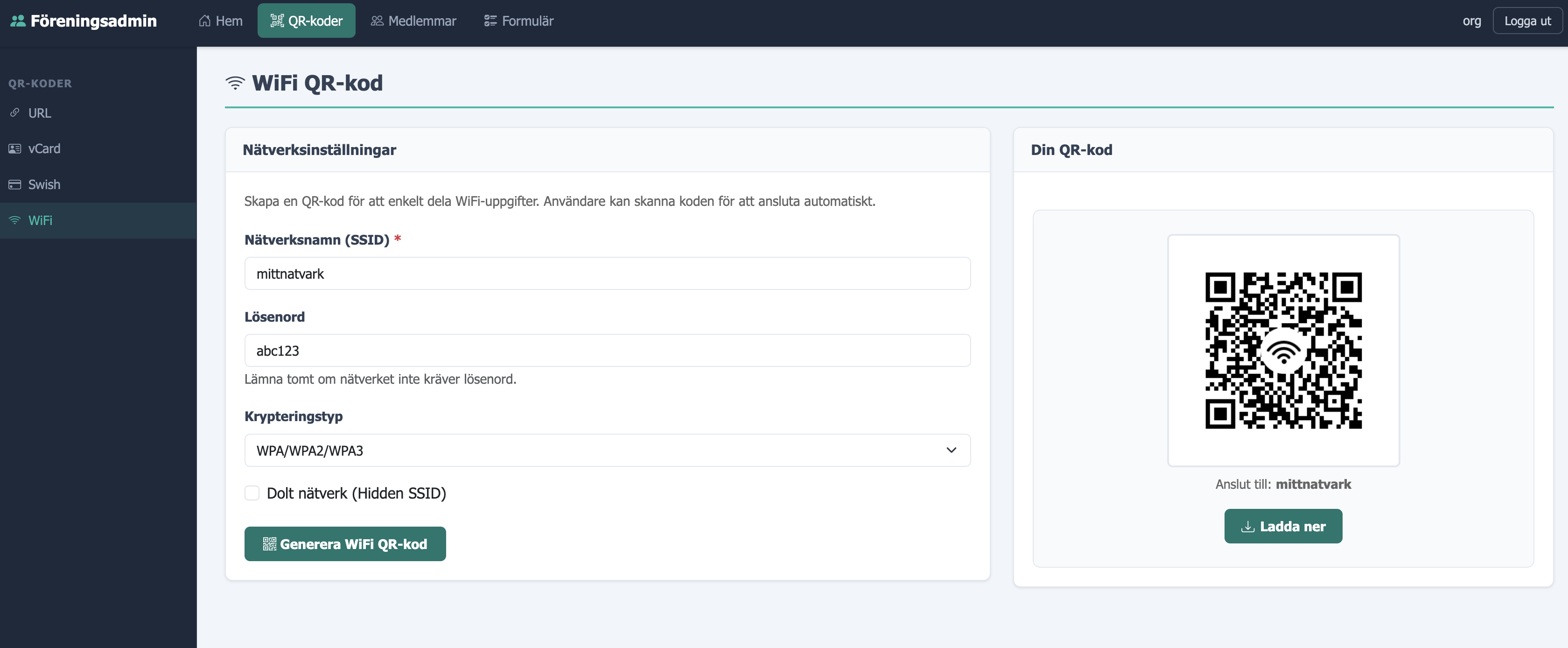 Skärmbild av QR-kodgeneratorn med exempel på URL-, Swish- och WiFi-koder